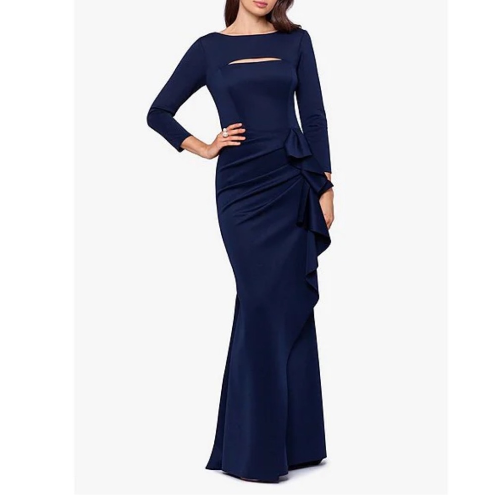 Navy Cutout Wrap Skirt Long Sleeve Scuba Crepe Gown by Xscape